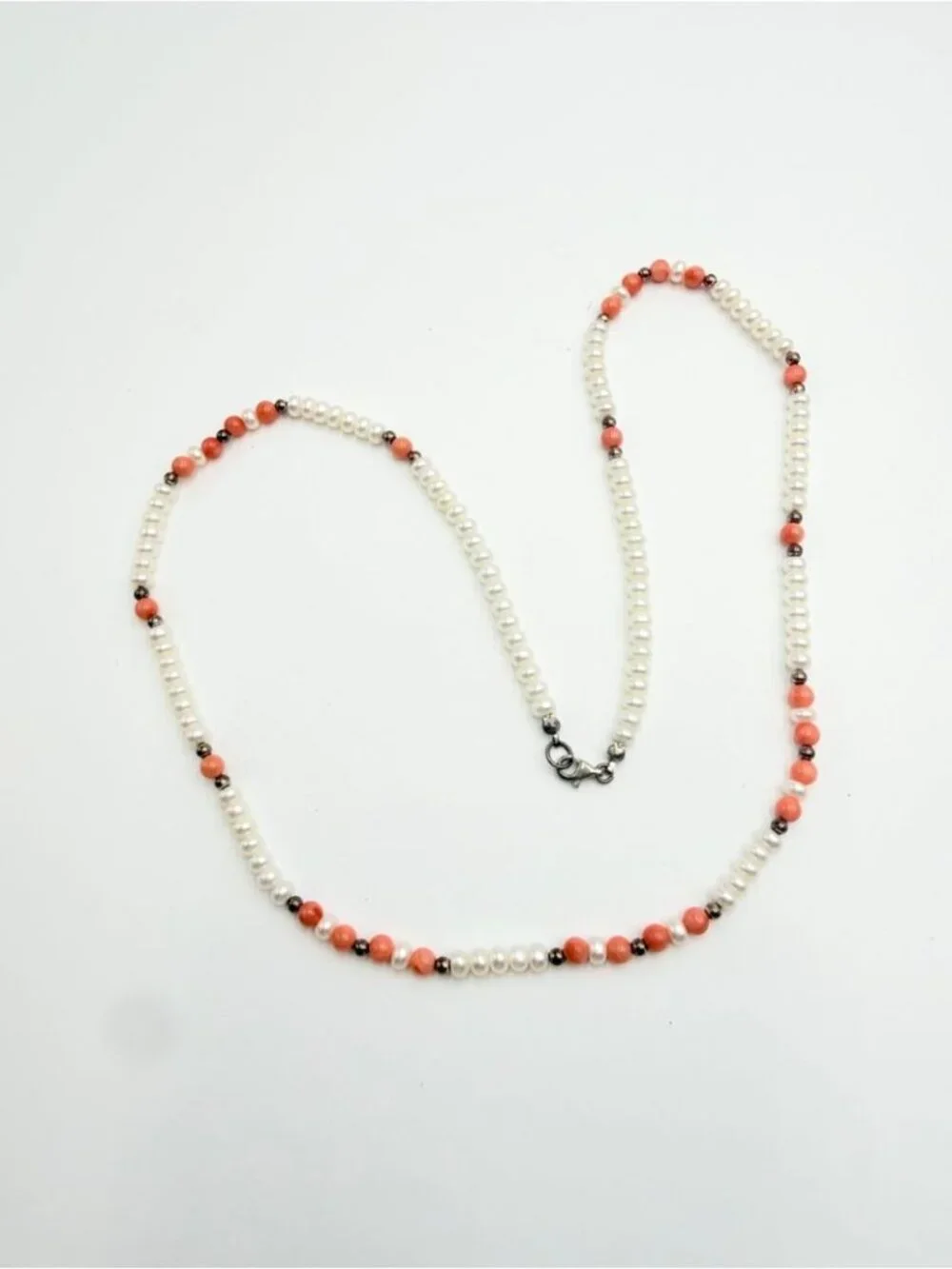 Genuine Freshwater Pearl & Pink Coral Bead Necklace White Pearl